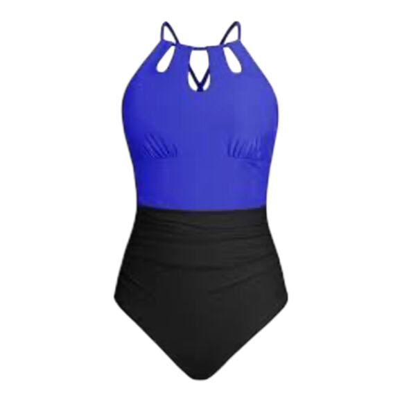 NEW Cupshe SWIMSUIT Women's LG Blue & Black High Neck Cut-Out One Piece Swimsuit - Picture 9 of 11